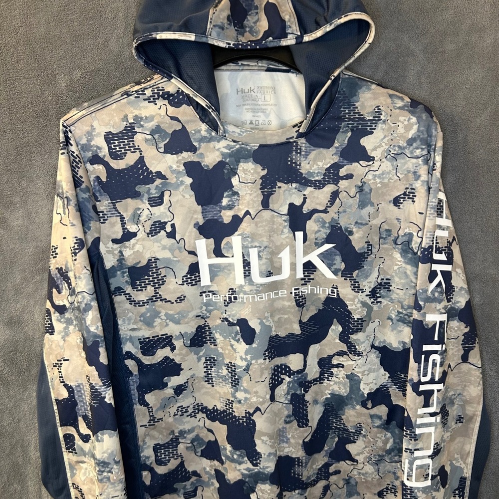 Huk Performance Fishing Lightweight Sun Hoodie Mens L Blue Camo Long Sleeve